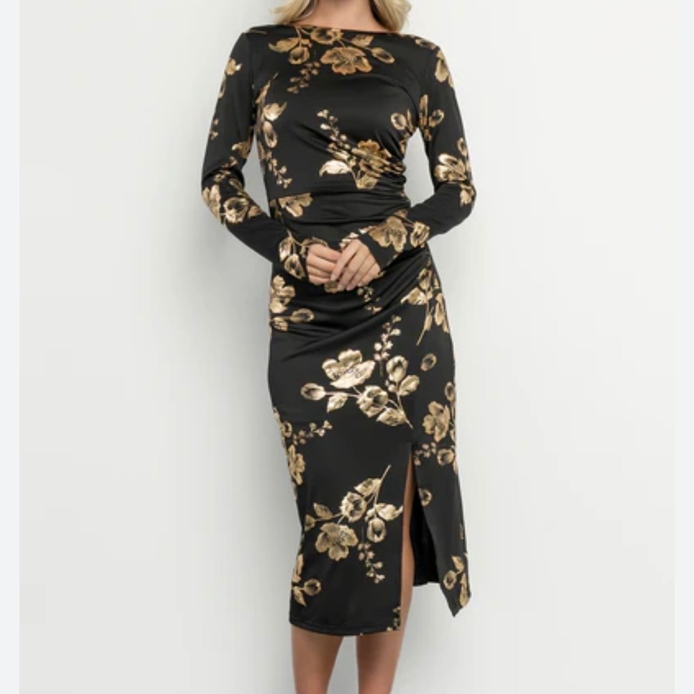 Baltic Born Black Midi Dress with Gold Floral Print